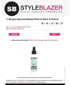 Style Blazer, August 2014 - Online blog post featuring ORGO Mint Sanitizing Spray